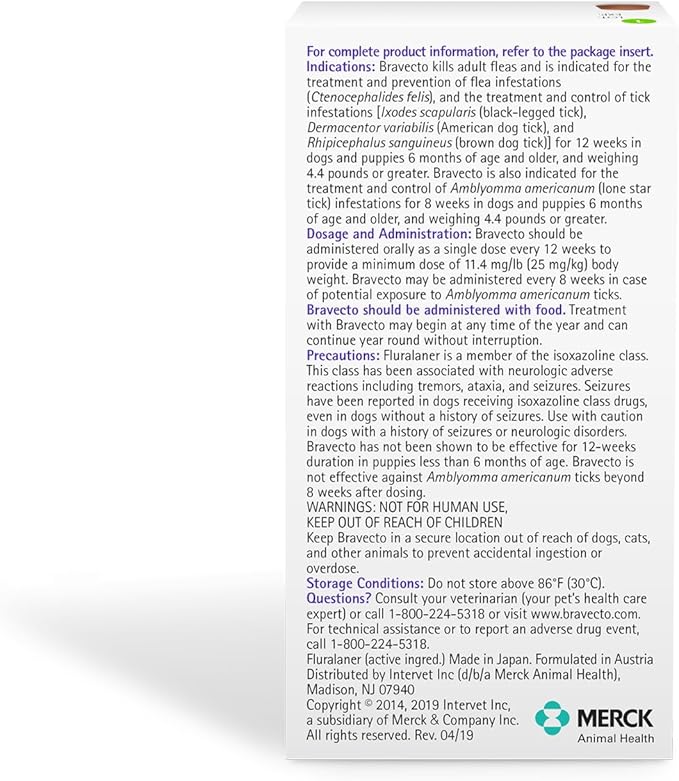 BRAVECTO Chew for Dogs, Flea & Tick, 1 Chew, 12 Week Supply, 22-44 lbs., Green Box-PawvioPets