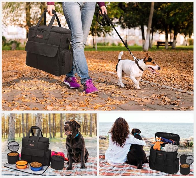 Dog Travel Bag by Modoker - Dog Travel Kit for a Weekend Away Set Includes Pet Travel Bag Organizer for Accessories, 2 Collapsible Bowls, 2 Travel Food Container (Black)-PawvioPets