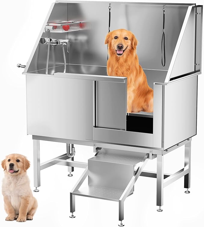 Dog Washing Station 50" Dog Grooming Tub with Right Stair& Faucet, Stainless Steel Dog Bathing Station for Home,Dog Bathtub for Large,Medium,Small Pets-PawvioPets