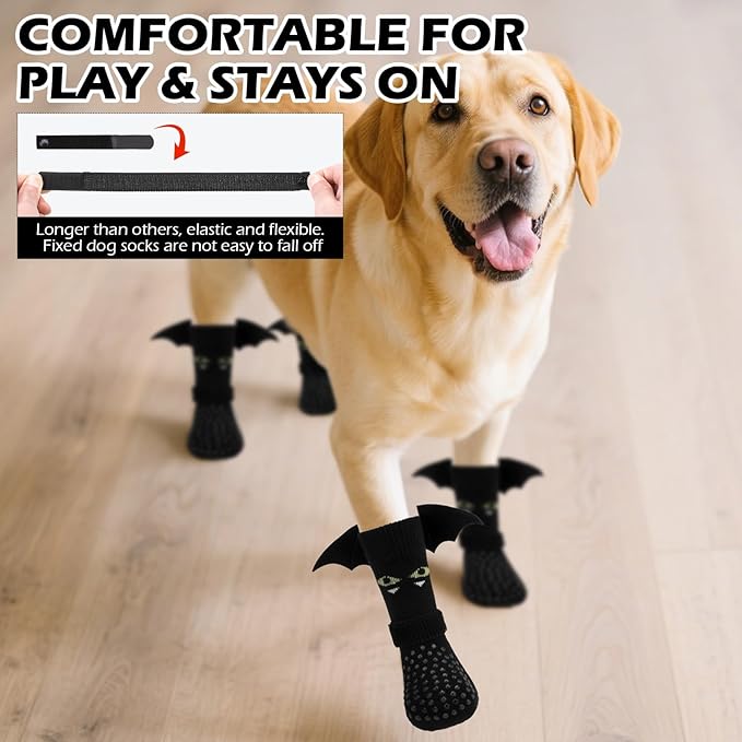EXPAWLORER Halloween Anti Slip Dog Socks to Prevent Licking Paws, Boots & Paw Protectors with Grippers,Doggie Booties for Hardwood Floors for Small Medium Large Senior Dogs Costume Black Devil Wings M-PawvioPets