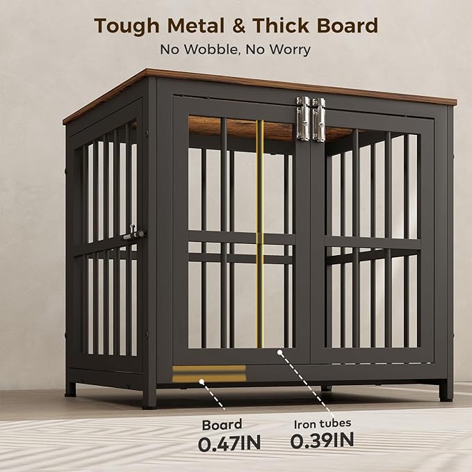 26 Inch Heavy Duty Wooden Dog Kennel End Table with Double Door Design and Secure Locks, Indoor Pet Crate Furniture for Small Dogs, Decorative Home Cage Design,Aged Black-PawvioPets