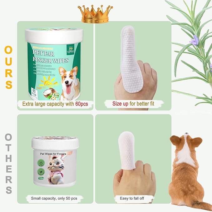 60 ct Pet Ear Finger Wipes for Dogs - Extra-Coverage and Large Design with Coconut Oil and Aloe Vera, Relieve Ear Itching and Inflammation, Remove Ear Wax and Debris, Soothing Cleansing Deodorizing-PawvioPets
