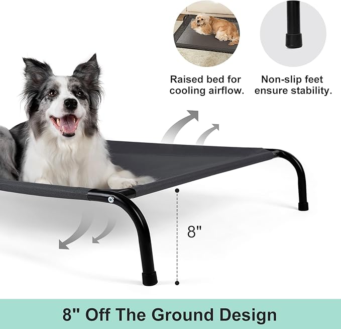 Cooling Elevated Dog Bed for Extra Large Dogs with Non-Slip Floor Protectors & Breathable Mesh, XL Raised Indoor & Outdoor Dog Cot Hammock, 54" L x 35.5" W x 8" Th, X-Large, Grey-PawvioPets