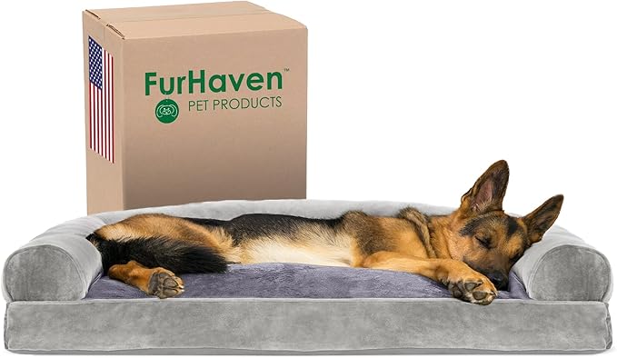 Furhaven Pillow Dog Bed for Large Dogs w/ Removable Bolsters & Washable Cover - Faux Fur & Velvet Sofa - Smoke Gray, Jumbo/XL-PawvioPets