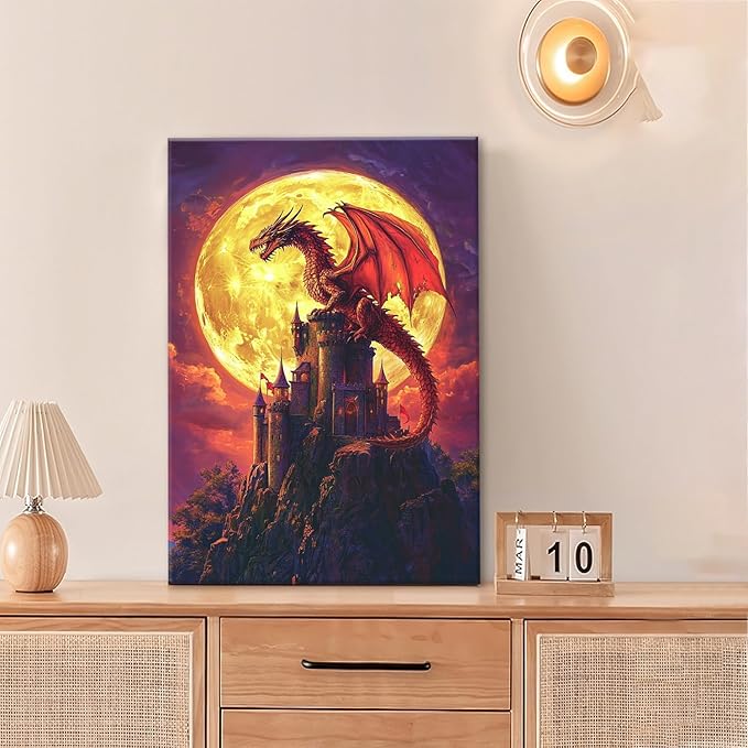 Dragon Bathroom Pictures Wall Art, Red Dragon Castle Bathroom Wall Decor, Framed Painting Canvas Artwork for Bedroom Living Room Decorations 24"L x 16"W-PawvioPets
