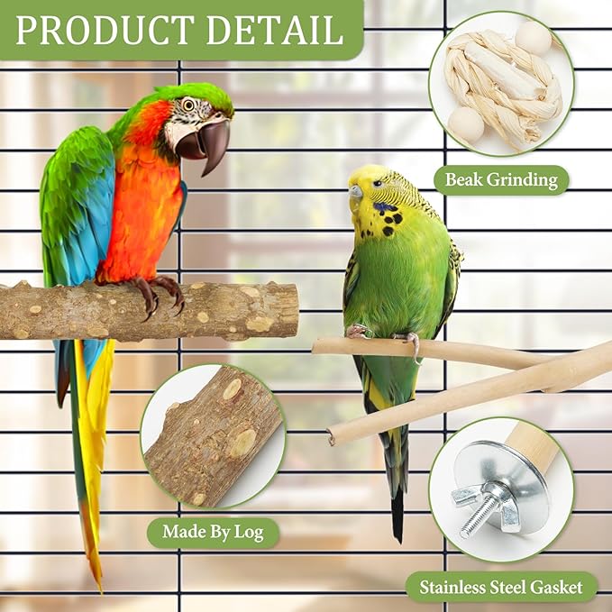 Bird Perches for Cage 6pcs Natural Bird Stand Branch for Cage with Hanging Bridge, Parrot Swing Toys Chewing Climbing Standing Branches Wood Pole Paw Grinding Fork Parakeet Platform-PawvioPets