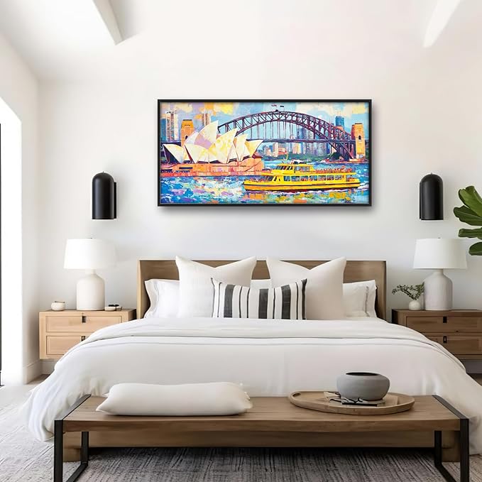 Extra Large Sydney Opera House Framed Wall Art for Living Room,Oversized Abstract Harbour Bridge Cityscape Pictures Wall Decor,Canvas Print Painting Modern Artwork Bedroom Office Bathroom 60L" x 30W"-PawvioPets