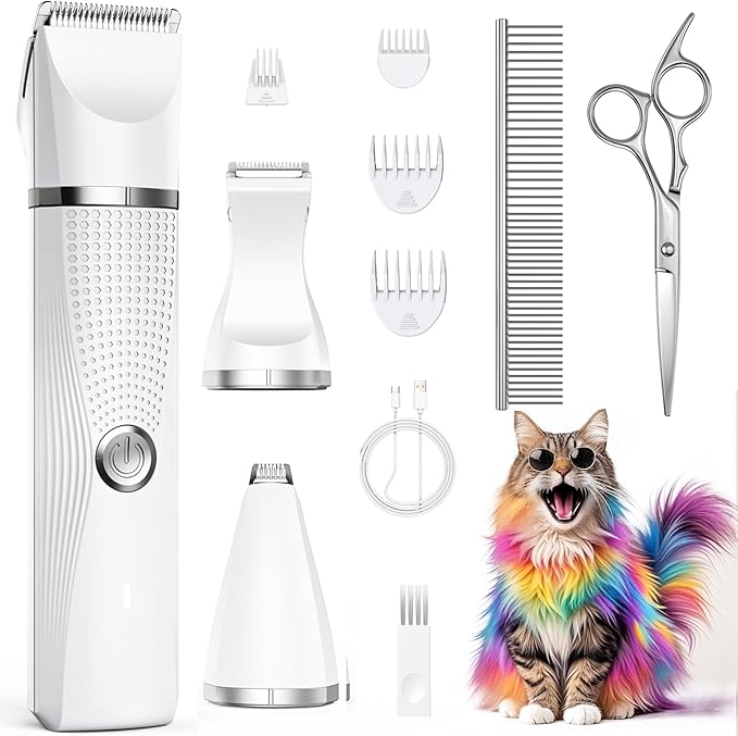 Cat Grooming Clippers Kit with Paw Trimmer, 3 in 1 Electric Pet Hair Trimmer Supplies for Thick Matted Hair, Heavy Coat Butt Shaver Cat Razor Fur Trimmer for Dogs at Home-PawvioPets