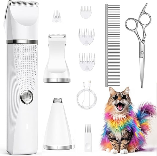 Cat Grooming Clippers Kit with Paw Trimmer, 3 in 1 Electric Pet Hair Trimmer Supplies for Thick Matted Hair, Heavy Coat Butt Shaver Cat Razor Fur Trimmer for Dogs at Home-PawvioPets