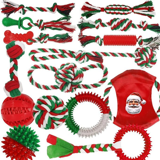 Dog Toys 15 Pack for Teeth Cleaning and Fun, Puppy Teething Chew Toys Tug Rope Squeaky Treat Balls & Rubber Tous Bulk– Variety Dog Gifts Set Reduce Anxiety & Save Furniture, Christmas-PawvioPets