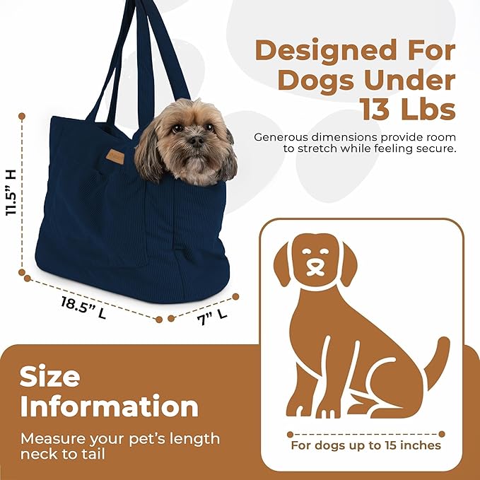 Corduroy Dog Carrier - Lightweight Cotton Soft-Sided Pet Tote with Safety Harness Clip - Breathable Travel Carrier for Small Dogs and Puppies (Dark Blue)-PawvioPets