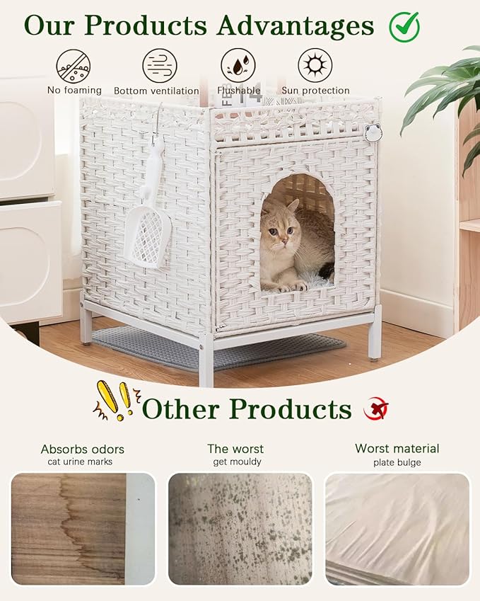 Cat Litter Box Enclosure Hidden Litter Box Furniture with Metal Heightened Feet, Rattan Handwoven Cat House with Litter Mat, Hidden Litter Box Furniture for Bedroom Living Room White-PawvioPets
