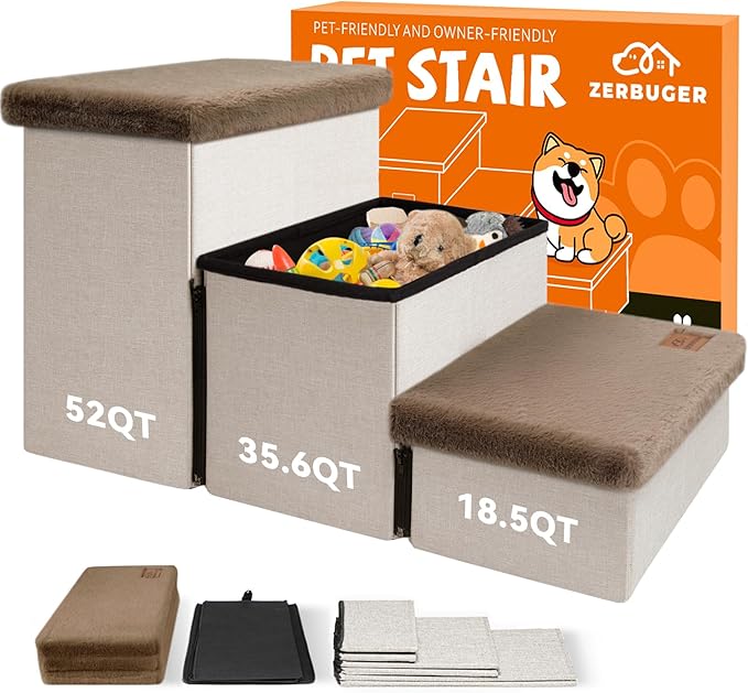 Dog Stairs with Furry Lids 18" H, 3-Step Wider Dog Steps with Storage for Small/Medium/Large Old Dogs Cats, Folding Sturdy Pet Stairs Climbing Bed Couch, Ramp for Car Up to 200 lbs, Khaki-PawvioPets
