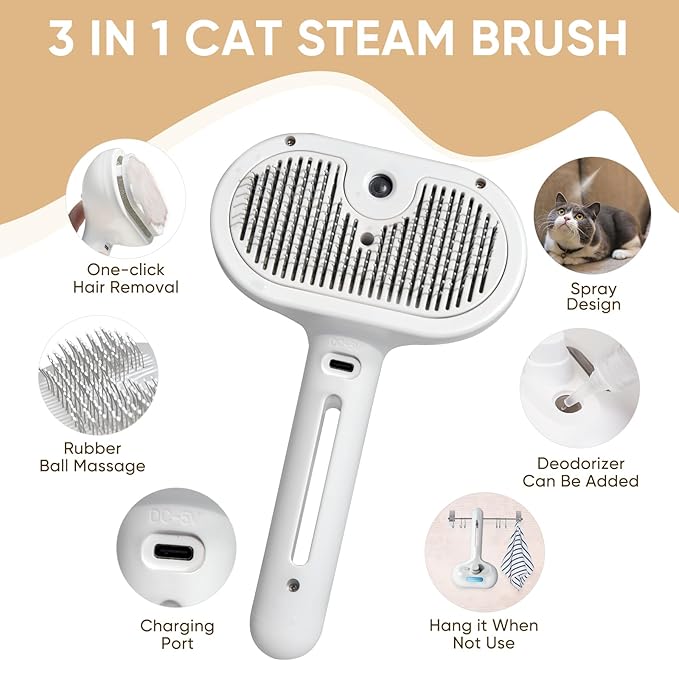 3-in-1 Cat Steam Brush – Pet Grooming & Shedding Comb with Gentle Steam Spray, One-Click Hair Release, for Long & Short Hair Cats & Dogs (White)-PawvioPets