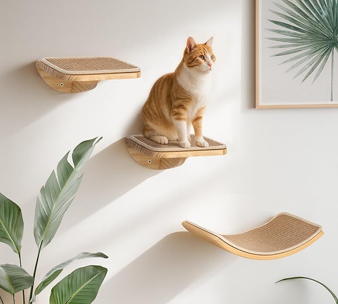 Curved Cat Wall Hammock with Scratchable Sisal Pad, Large Floating Cat Shelf for Wall, Wall Mounted Beige Bed for Playing, Climbing, and Sleeping-PawvioPets
