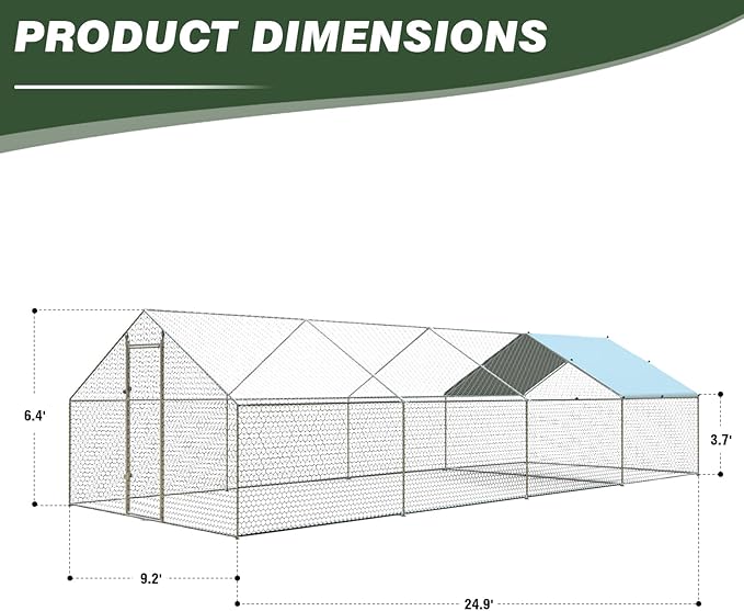 4ever2buy Large Metal Chicken Coop with Run Walk-in Poultry Cage Chicken Runs House Pen Cage Spire Roofed Chicken Coops with Anti-Ultraviolet Cover for Outdoor Backyard Farm Use 9.5’Lx24.9’Wx6.4’H-PawvioPets