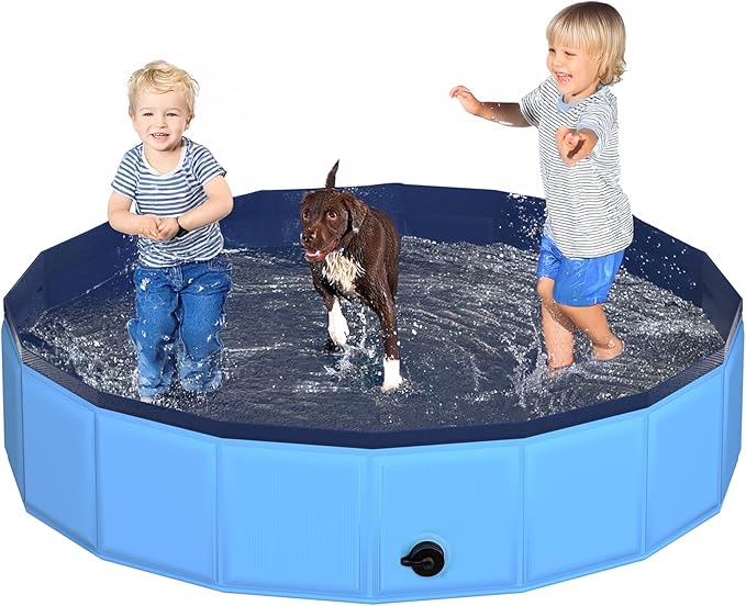 63" x 12" Foldable Dog Pool - Collapsible Hard Plastic Kiddie Pool for Dogs & Kids, Non-Slip Pet Bath Tub for Outdoor Backyard Use, Lightweight & Portable (Blue)-PawvioPets