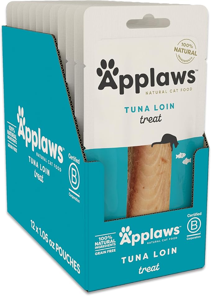 Applaws Natural Cat Treats, Grain-Free, High-Protein Whole Tuna Loins, Single-Ingredient Healthy Snack for Cats (12 x 1.06 oz Loins)-PawvioPets