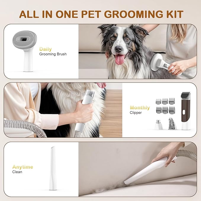Dog Grooming Vacuum, Dog Grooming Kit with Pet Clipper Nail Grinder, 3 Suction Modes Dog Brush Vacuum with 6 Pet Grooming Tools (Coffee)-PawvioPets