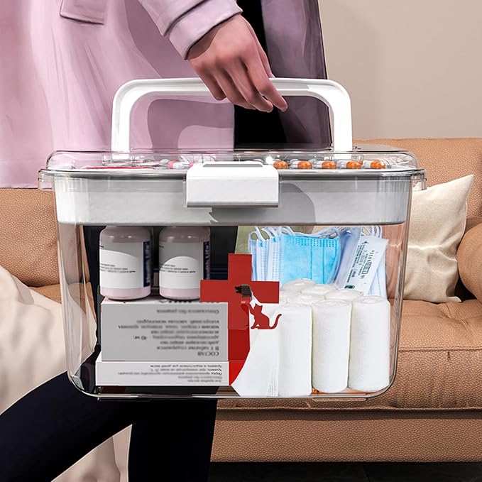 2 Layers Dog First Aid Kit box,Large First Aid Kit Bin,Medic Box for Dog Cat,Empty First Aid Box,Medicine Organizer with Built in Handle,Family or Dog Travel Camping Emergency Tool Set-PawvioPets