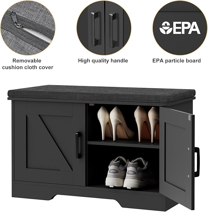 2-Tier Storage Bench, Shoe Bench with Padded Seat Cushion, Entryway Bench with 2 Barn Doors, Adjustable Shelf, 13.8" D x 27.6" W x 17.7" H, for Entryway, Living Room, Bedroom, Black-PawvioPets