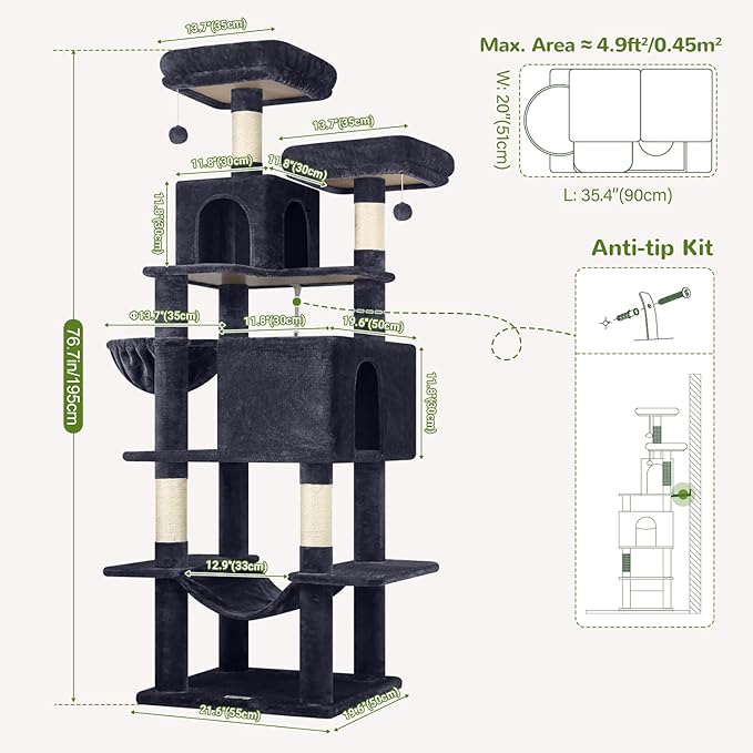 Globlazer Cat Tree Tower, 76-Inch Extra Tall Multi-Level Cat Furniture with Cozy Condos, Hammock and Perches for Adult Cats, Perfect for Climbing, Scratching, and Play, F76, Dark Grey-PawvioPets