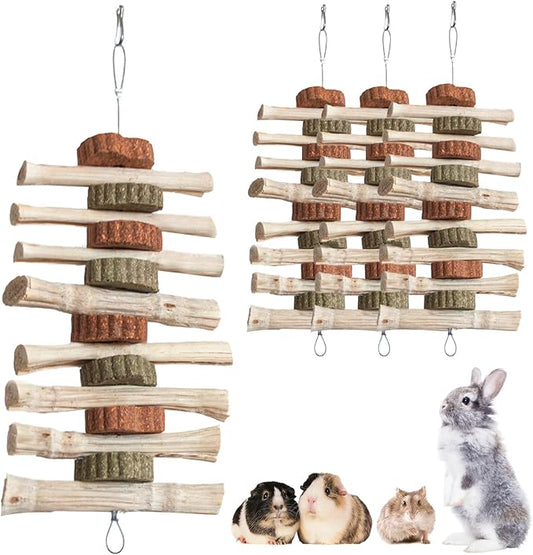 4 PCS Rabbit Chew Toys for Teeth Grinding, Delicious Bunny Cage Hanging Chew Toys, Natural Sweet Bamboo Chew Sticks and Timothy Grass Cake Hay Treats Maintaining Healthy Teeth for Rabbits-PawvioPets