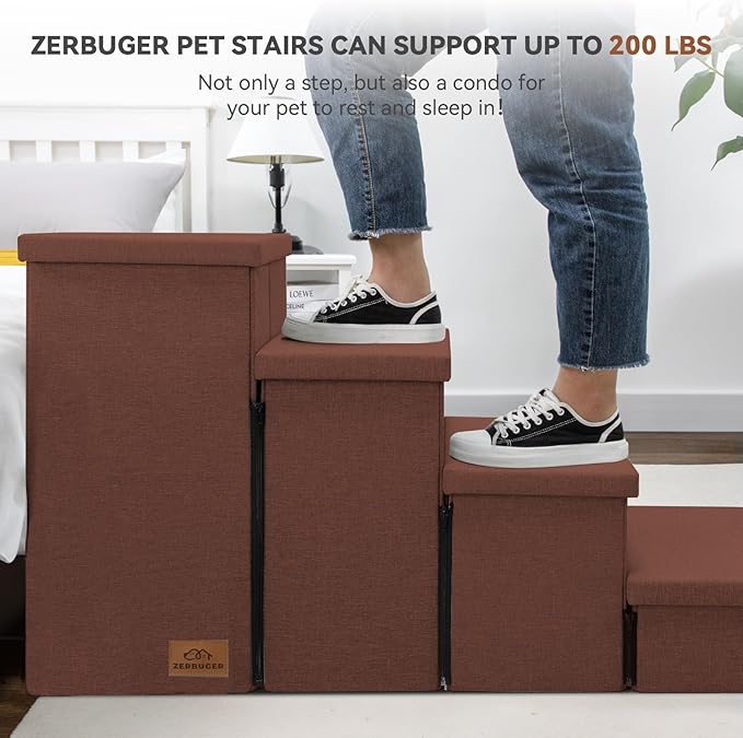 Dog Stairs with Storage 23" H, 4-Step Wider Dog Steps for High Beds Window, Folding Sturdy Pet Stairs Gift for Small/Medium/Large Old Dogs Cats, Ramp for Climbing Car Up to 200 lbs, Brown-PawvioPets