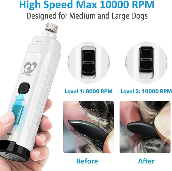 Casfuy Dog Nail Grinder with 2 LED Light for Large Medium Small Dogs - 3X More Powerful 2-Speed Electric Pet Nail Trimmer Rechargeable Quiet Painless Paws Grooming & Smoothing Tool (White)-PawvioPets