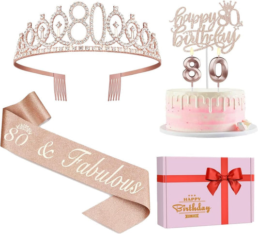 80th Birthday Decorations for Women, Including 80th Birthday Sash and Crown, Cake Topper and Candles, 80 Year Old Gifts for Women