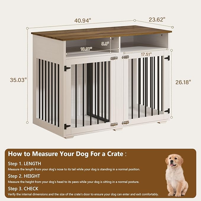 Furniture Dog Crate for 2 Dogs, 41 Inch Dog Kennel Furniture with Removable Divider and Shelf Storage, Wooden Dog Crate for Small/Medium Dogs, White-PawvioPets