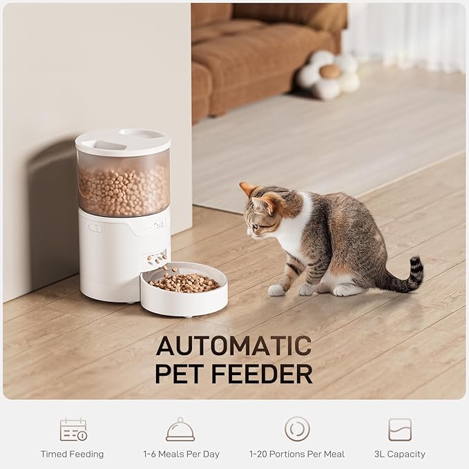Automatic Cat Feeder: 3L Auto Food Dispenser with Timed Feeding| 6 Meal Programmable& 1-20 Portion Precise Control- Easy to Clean & Setup for Cat Indoor| Desiccant Bag Keep Food Fresh-PawvioPets