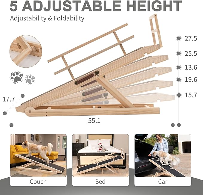 ABORON Antislip Wooden Dog Ramp for High Bed Couch Car, 5-Level Adjustable Folding Pet Ramp for Small & Large Old Dogs & Cats, 17.7" Extra Wide 51" Long, Rubber Mat, Supports up to 200 lbs-PawvioPets