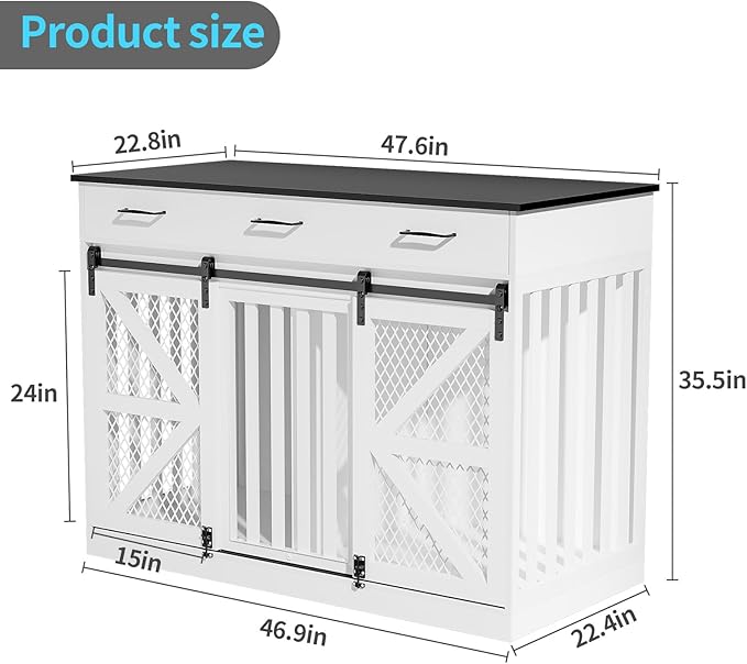 48'' Dog Crate Furniture with Divider&Storage Drawers, Wooden Double Dog Kennel Furniture End Table with Sliding Barn Doors, White Double Dog Crate TV Stand-PawvioPets