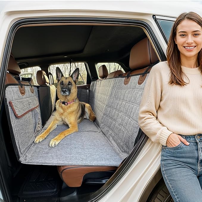 APetsPlanet Dog Car Seat Cover for Back Seat Hard Bottom - Waterproof Backseat Extender for Dogs - Pet Hammock for Car, Truck, SUV - Protector Bed with Mesh Window & Storage - Gray, with Door Covers-PawvioPets