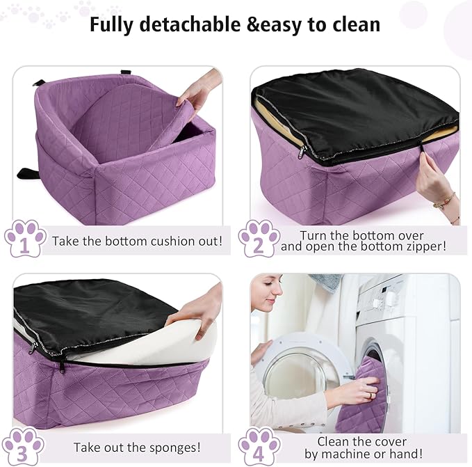 Dog Car Seat for Small Medium Dogs,Detachable Washable Dog Booster Seat Under 30lbs, Pet Car Seats Travel Bed with Storage Pockets and Safety Belt (Purple)-PawvioPets