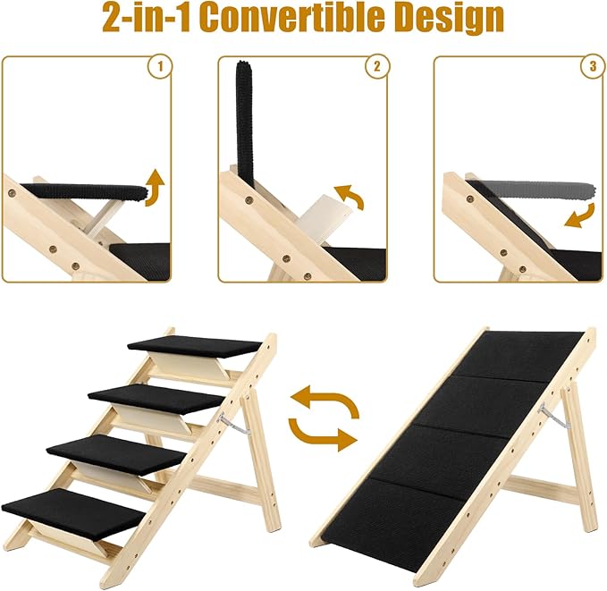 Foldable Dog Stairs/Ramp with 4 Steps - Durable Wooden Pet Stairs for Small, Medium, Large Dogs - Black (5098)-PawvioPets
