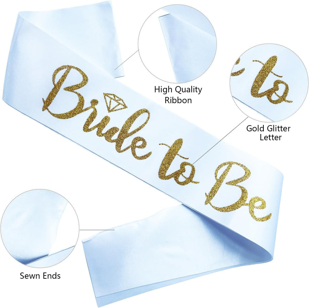 Bride to Be Sash, Bachelorette Party Sash for Bridal Shower Wedding Party Favors Accessories Supplies Engagement Gifts,White Satin with Glitter Letter Gold