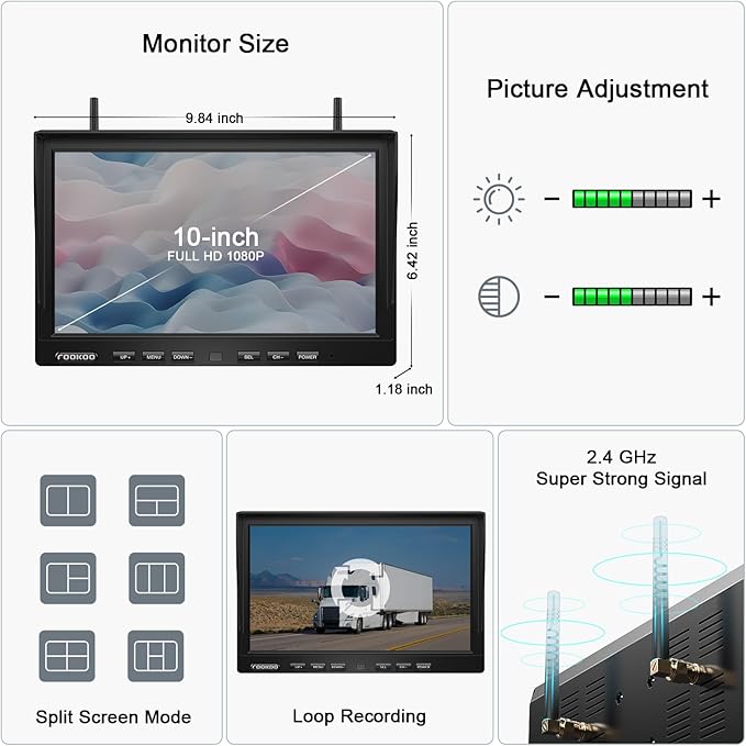 Fookoo 1080P 10" Magnetic Wireless Backup Camera 10" HD Split Screen Monitor,Rechargeable 2 Side View 2 Rear View Cameras,Low Consumption 1-Min DIY Install No Drilling for RV Trailer Truck DCX104-PawvioPets