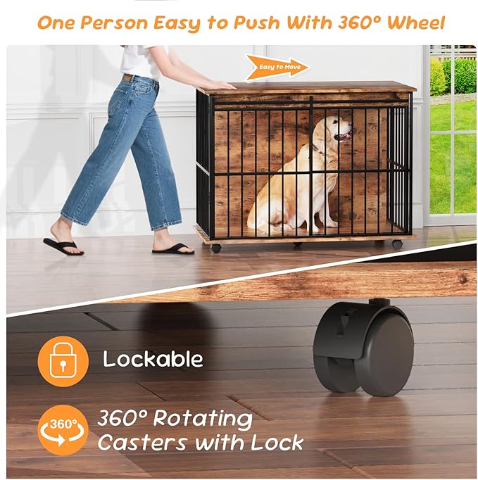 43.7" Dog Crate Furniture, XL Dog Crate Dog Kennel Indoor with Wheels for Large Medium Small Dogs, Wooden Dog Kennel End Table with Sliding Door Wooden Furniture Crates for Living Room, Bedroom-PawvioPets