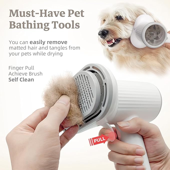 Dog Hair Dryer, Professional 2-in-1 Pet Hair Dryer & Grooming Brush with Removable Comb, Adjustable Temperature/Speed, Portable Dryer for Dogs and Cats-PawvioPets