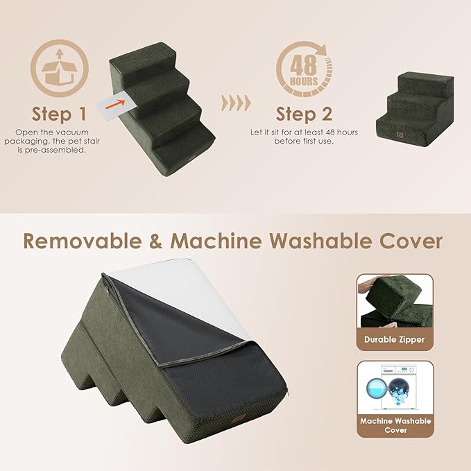 EHEYCIGA Dog Stairs for Small Dogs 13.5" H, 3-Step Dog Steps for Couch Sofa and Chair, Pet Steps for Medium Cats, Non-Slip Balanced Pet Ramp Indoor, Olive Green-PawvioPets