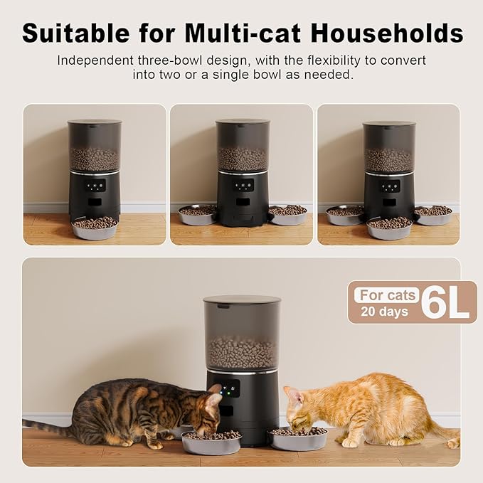 3-Cat Automatic Pet Feeder, 6L WiFi Cat Food Dispenser with APP Control, 1-10 Meal Programmable, Voice Recorder, Smart Alerts, Stainless Steel Bowls for Cats and Small Dogs (Black)-PawvioPets