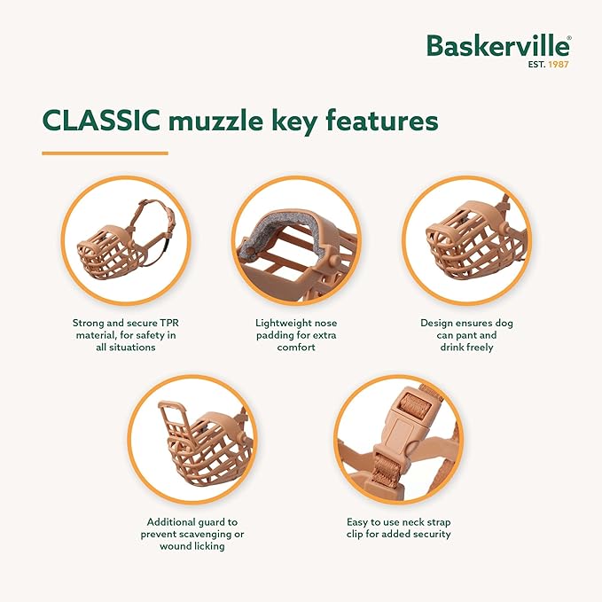 Baskerville Classic Basket Muzzle - Dog can Pant and Drink, Prevents Biting and Food Waste Scavenging, Strong TPR, Ideal for Longer Nosed Dogs, Breathable Dog Training Muzzle for Small Dogs (Size 1)-PawvioPets
