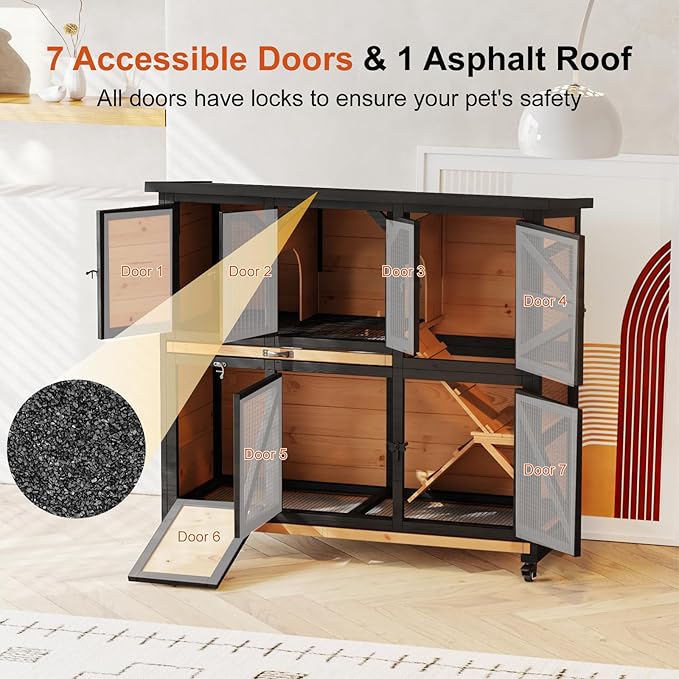 47.3" Two Story Rabbit Cage Bunny Cage Indoor, Wooden Rabbit Hutch Hamster Cages for Small Animals, Outdoor Guinea Pig Cages with Wheels & 2 Removable Trays & Bottom Wire Mesh-PawvioPets