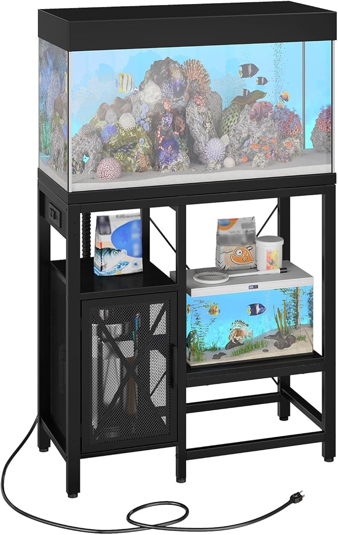 20-37 Gallon Fish Tank Stand, Aquarium Stand with Power Outlet and Storage Cabinet, Heavy Duty Tank Stand Suitable for Turtle Tank, Reptile Terrarium, for Home Office, Black FTHB40E01-PawvioPets