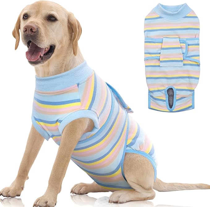 FUAMEY Recovery Suit for Dogs After Surgery,Soft Breathable Dog Bodysuit E-Collar & Cone Alternative Surgical Suit,Male Female Dog Neuter Spay Suits Anti Licking Wounds Onesie Blue Yellow Stripes XL-PawvioPets