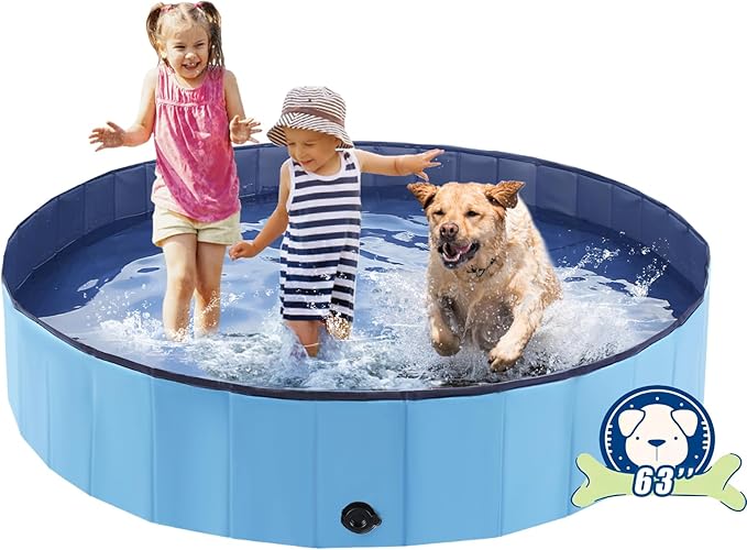 Foldable Dog Bath Swimming Pool Plastic Kiddie Pool Professional Tub Collapsible Grooming Bathtub for Pets Kids Baby and Toddler, 63 x 12 Inches Blue-PawvioPets