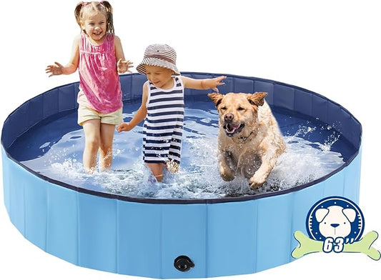 Foldable Dog Bath Swimming Pool Plastic Kiddie Pool Professional Tub Collapsible Grooming Bathtub for Pets Kids Baby and Toddler, 63 x 12 Inches Blue-PawvioPets