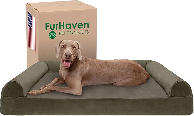 Furhaven Cooling Gel Dog Bed for Large Dogs w/ Removable Bolsters & Washable Cover, For Dogs Up to 125 lbs - Faux Fur & Velvet Sofa - Dark Sage, Jumbo Plus/XXL-PawvioPets